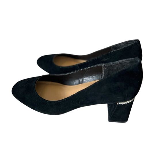 Chico's Black Alessia Suede Faux Pearl Trim Pumps Block Heels Size 9 M - Picture 3 of 8